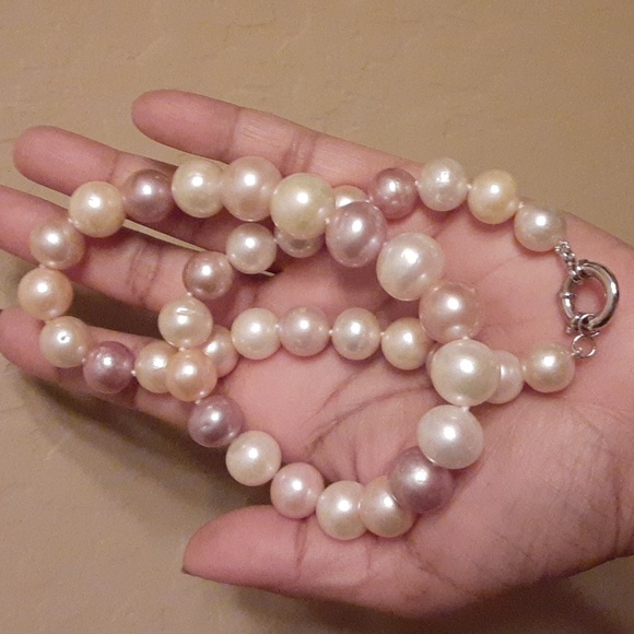 #2925 Shades of Multi Pastel Genuine Pearl Necklace. 14.5mm to 10.5mm. FIRM.